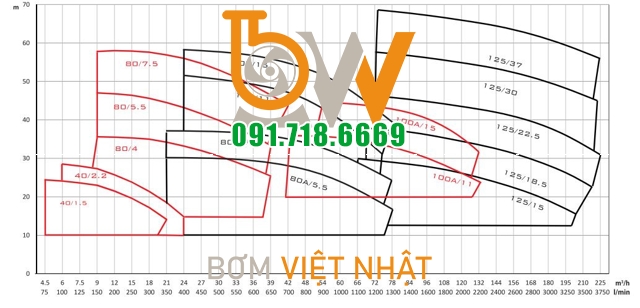 Biểu đồ lưu lượng cột áp của máy bơm nước Mistsuky CNS